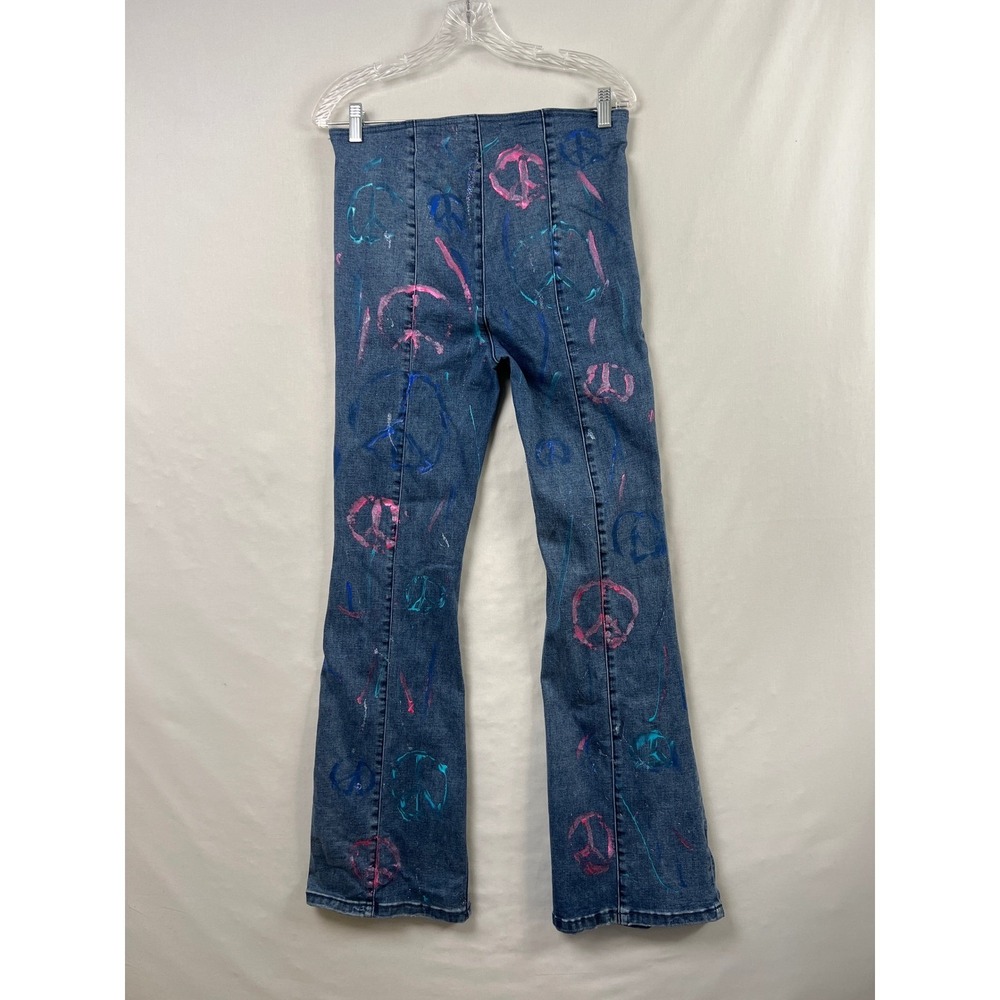 We The Free Flare Jeans Womens 29 Blue Painted Peace Sign High Rise Bell Bottom - Picture 6 of 9